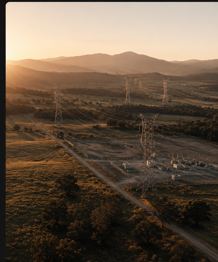 Aerial view of power transmission lines and substation across rolling farmland at golden hour